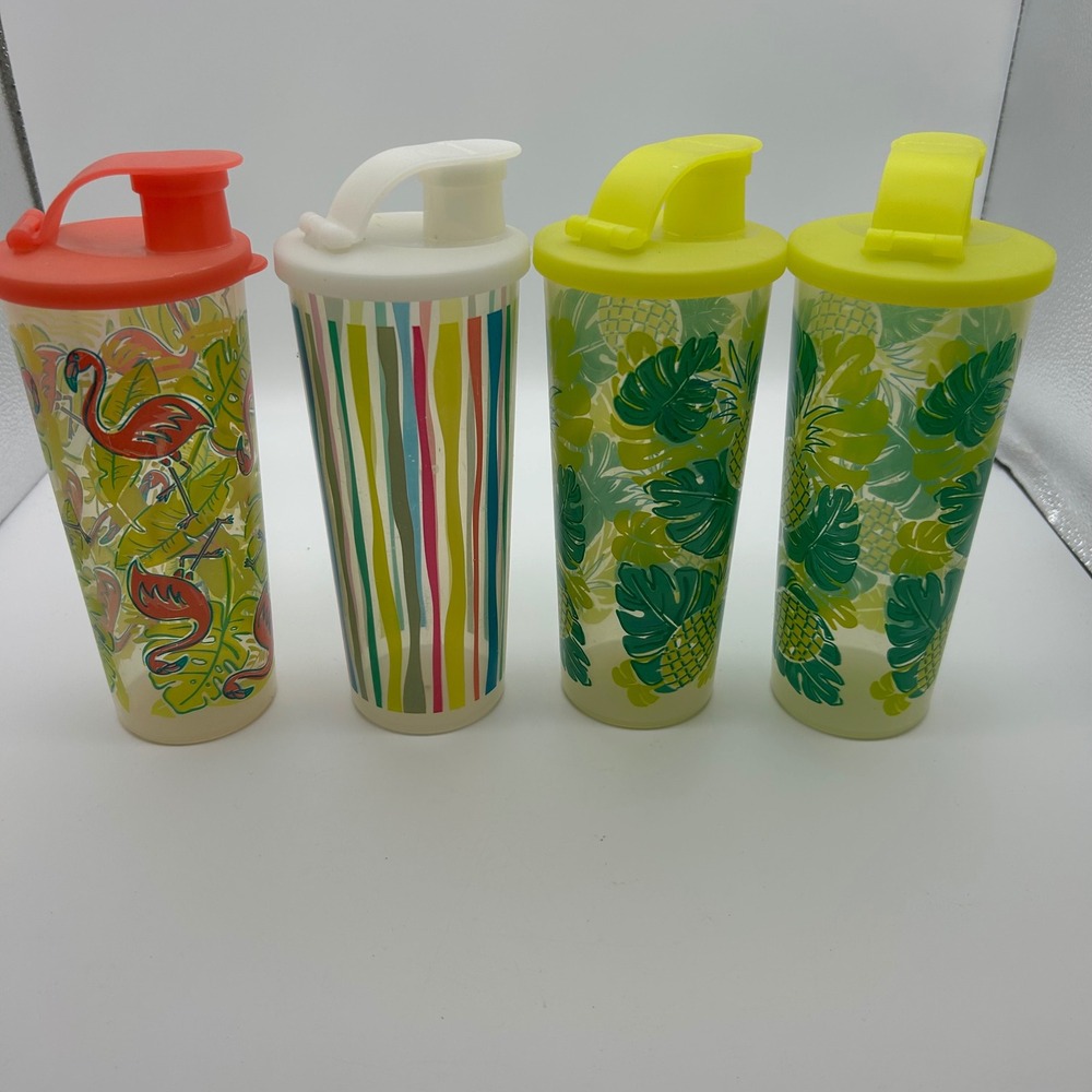 Tupperware 16oz Tumbler Set / 4 Tropical Flamingo Pineapple Stripes Flip-Top Lid